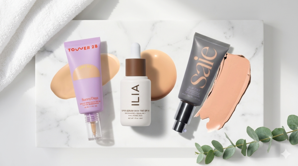 best Clean foundations: Comparison of Top 3 Clean Beauty Foundations: ILIA Super Serum, Saie Slip Tint, and Tower 28 SunnyDays for Sensitive Skin