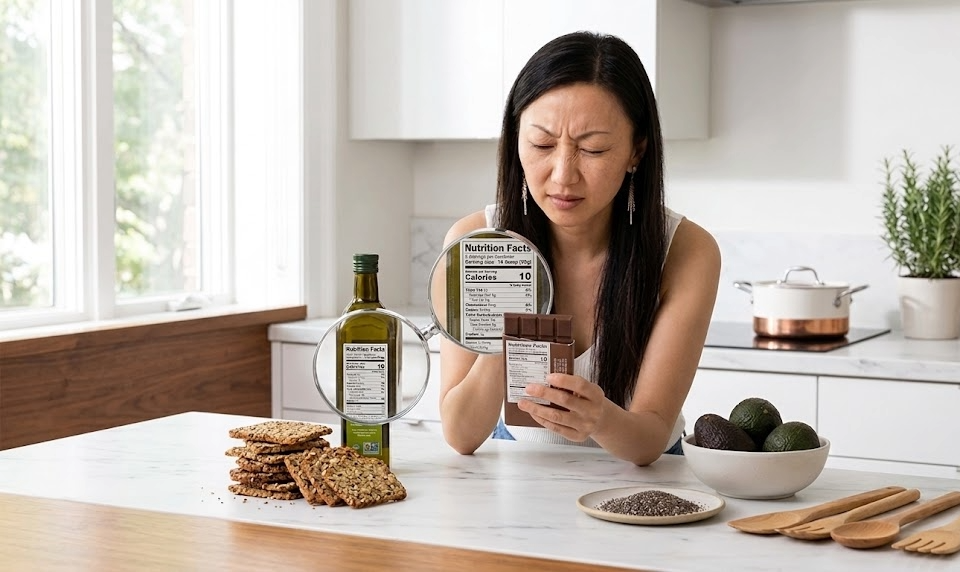 Label detective using a magnifying glass to inspect a food nutrition label for hidden sugars in a modern kitchen