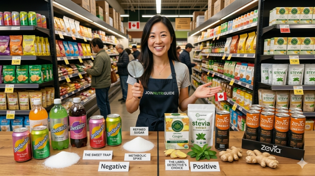 Gemini_Generated_Image_7jxh977jxh977jxh Label Detective Angie exposing hidden sugar traps in a Hamilton supermarket banner investigation