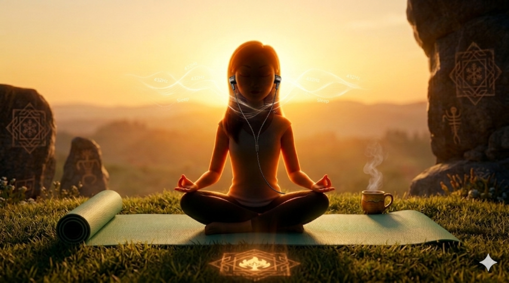 Angie (The Label Detective) practicing meditation with 432Hz Sleep Music headphones for metabolic repair in Hamilton