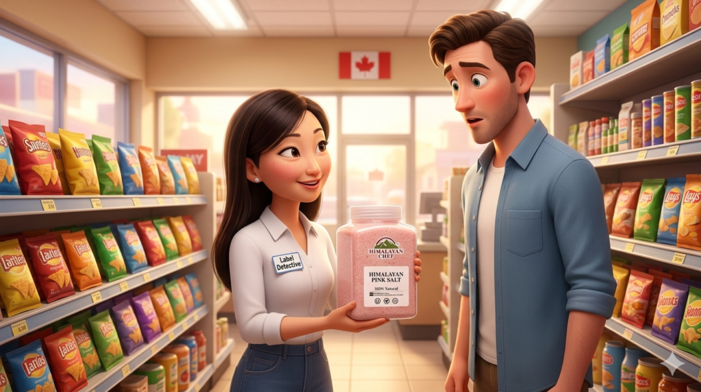 Angie holding the pink salt Angie the Label Detective showing Himalayan Chef Pink Salt to a customer in her Hamilton store