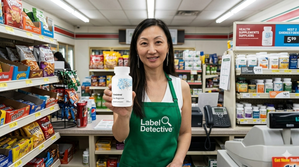 Angie the Label Detective holding a bottle of High-Absorption Iron in a convenience store.