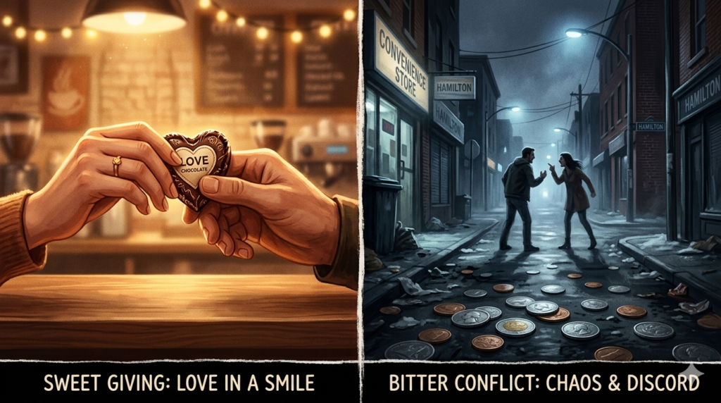Hamilton-Convenience-Store-Conflict-Diary An emotional split-screen storytelling illustration showing a sweet couple sharing a chocolate in a warm cafe on the left, contrasting with a bitter fight in a dark Hamilton convenience store alley on the right with scattered coins.