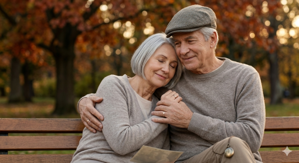 Elderly couple reunited on a park bench holding a photo - lost love story