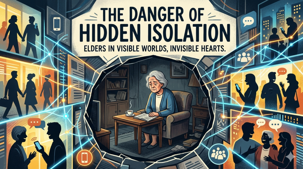 Graphic art depicting the danger of hidden isolation for elderly individuals. 
