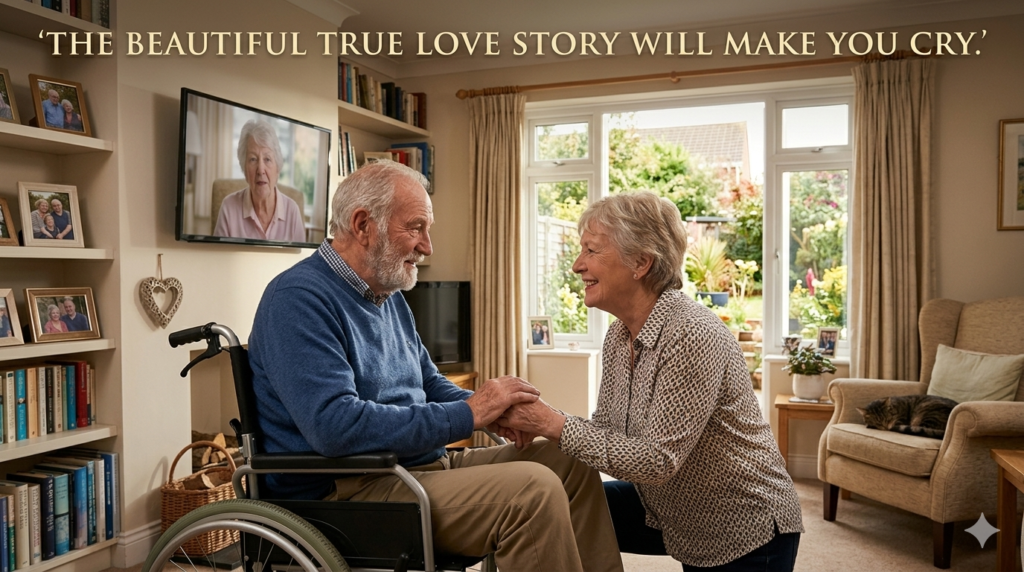 sunlit photograph of an elderly man in a wheelchair and an elderly woman kneeling beside him, holding hands and smiling lovingly in a cozy living room. Text overlay above them reads: "THE BEAUTIFUL TRUE LOVE STORY WILL MAKE YOU CRY."