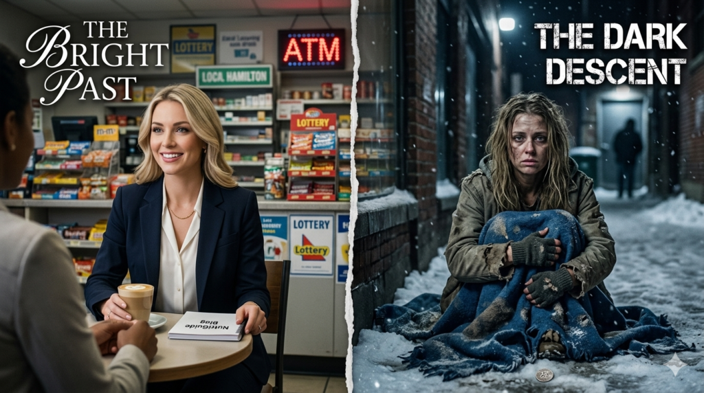Split screen showing a striking contrast of a smiling woman with a bright corporate past next to a tragic depiction of a beautiful life destroyed by addiction on a dark, snowy street.