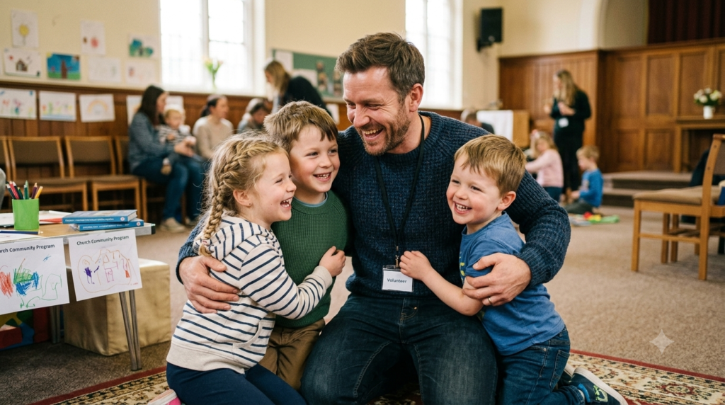 A joyful 35-year-old male volunteer hugging three happy kids in a warm church community room, showing an example of pure love
