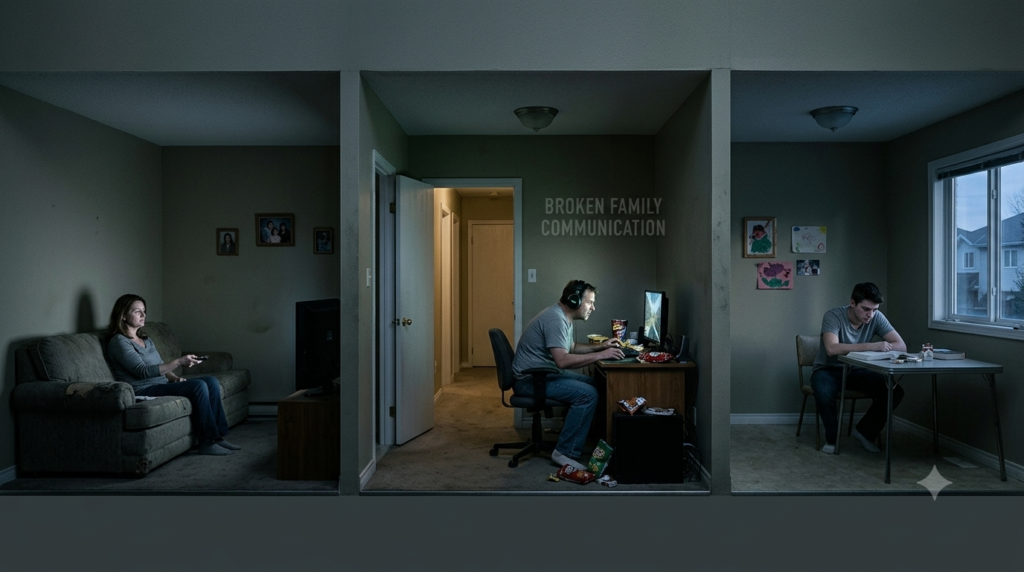 A conceptual cross-section of a house showing a mother watching TV, a father playing video games, and a son sitting isolated in separate rooms, illustrating broken family communication.